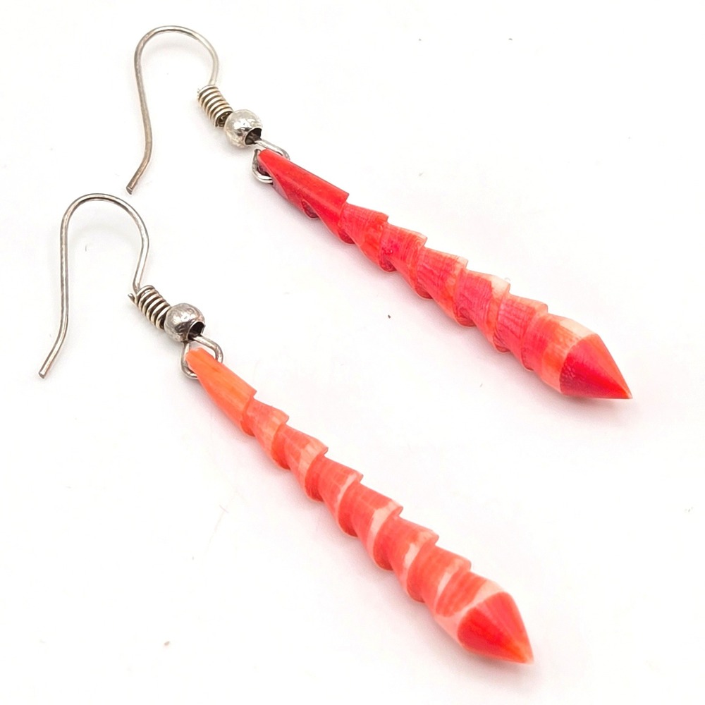 Handmade Red Orange Carved‎ Shell Spiral Cone Drop Earrings Silver Tone Hooks